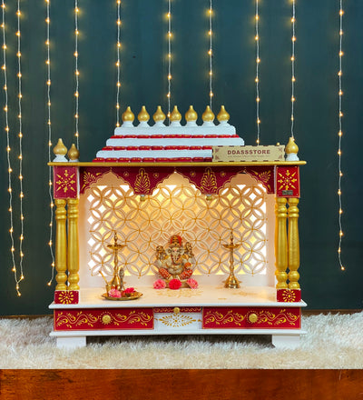 White Red Hand Painted Big Wooden LED Pooja Mandir