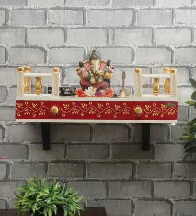 White&Red Wall Hanging Wooden Home Shelf temple for Pooja | Ganesh Chaturthi
