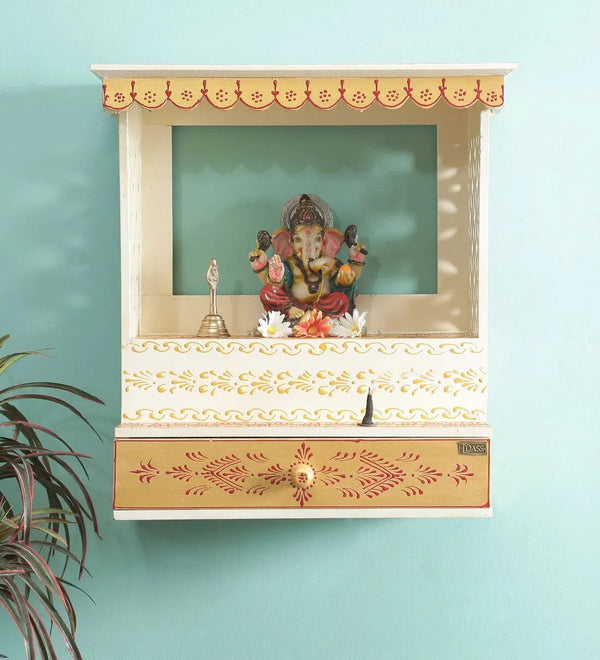 White Sheesham MDF Wood Pooja Mandir For Home & Office