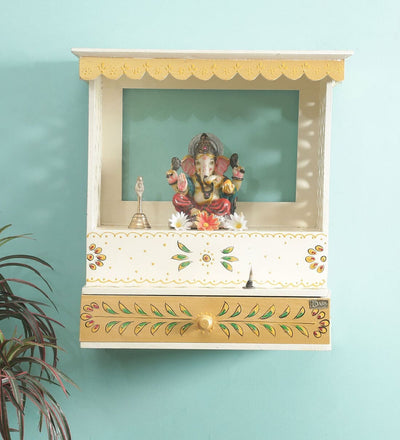 White Sheesham MDF Wood Pooja Mandir For Home & Office