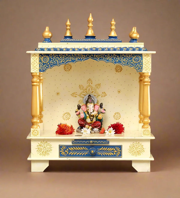 White Sheesham & MDF Wooden Pooja Temple Mandir For Home