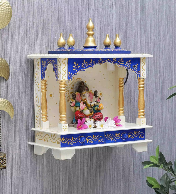 White Sheesham MDF Wooden Pooja Temple Puja Mandap for Office