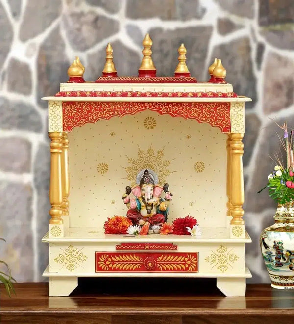 White Sheesham &amp; MDF Wall hanging Wooden Pooja Mandir for home