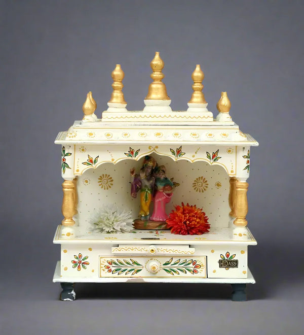 White Sheesham &amp; MDF Wooden Pooja Temple For Home