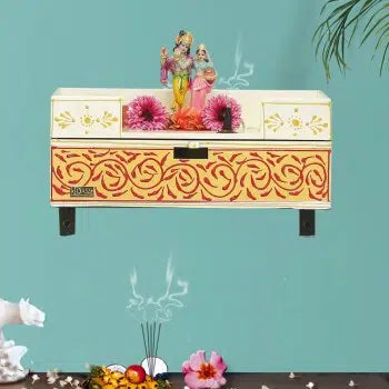 White Wall Hanging Wooden Pooja Chowki For Home &amp; Office