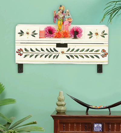 White Wall Hanging Wooden Pooja Chowki For Home &amp; Office