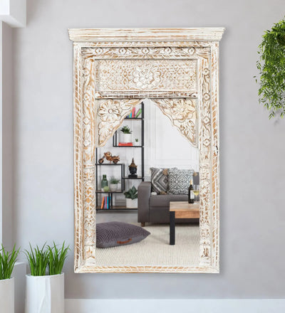 White Wooden Hand Carved Dresser & Wall Mirror 