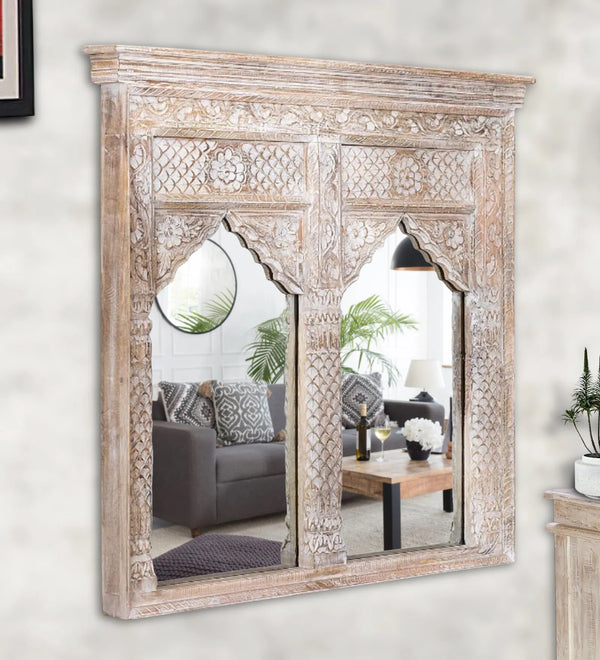 White Wooden Hand Carved Dresser & Wall Mirror 
