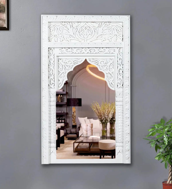 White Wooden Hand Carved Dresser & Wall Mirror