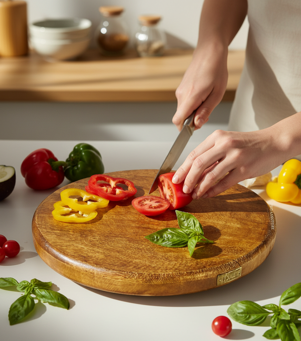 Wood Chopping Board | Round Shape Cutting Board | Pizza Platter | Wooden Chopper Board for Cutting of Vegetables and Fruits