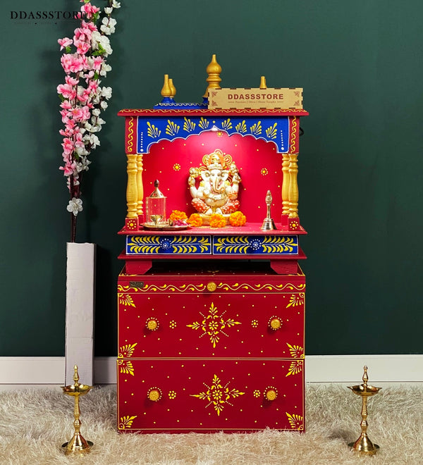 Wooden Pooja Temple & Puja Mandap with Cabinet for Home