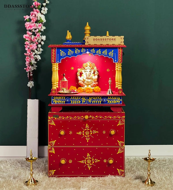 Wooden Pooja Temple & Puja Mandap with Cabinet for Home