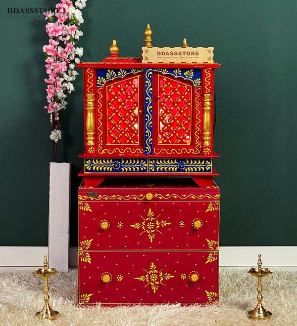 Wooden Pooja Temple & Puja Mandap with Cabinet for Home