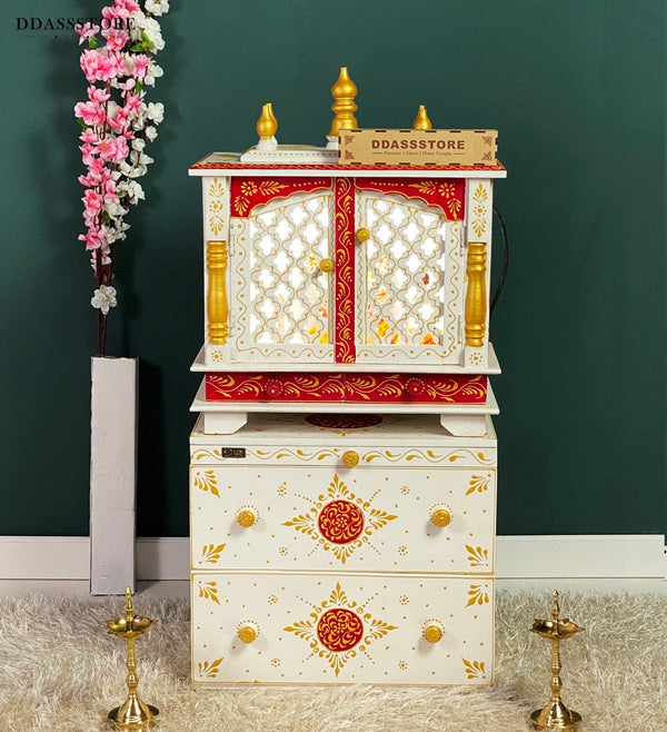 Wooden Pooja Temple & Puja Mandap with Cabinet for Home