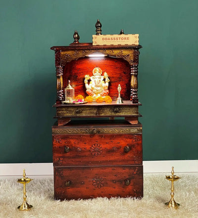 Wooden Pooja Temple & Puja Mandap with Cabinet for Home