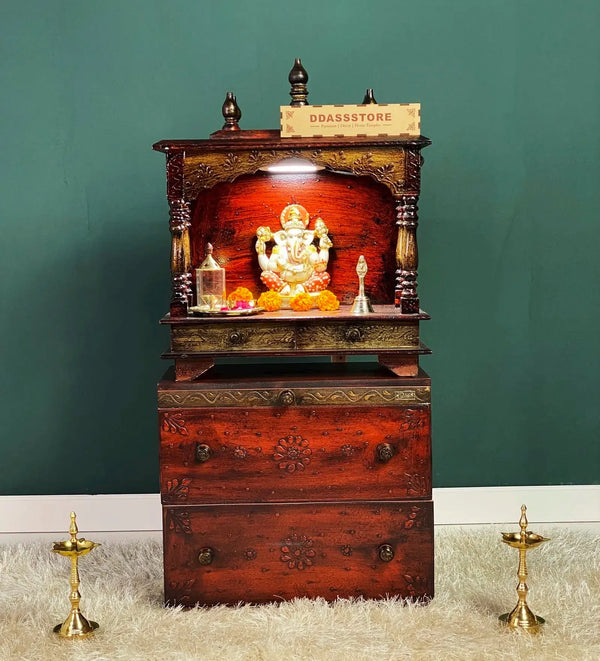 Wooden Pooja Temple & Puja Mandap with Cabinet for Home