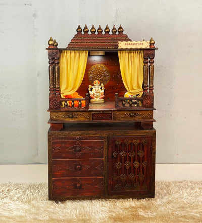 Wooden Pooja Temple & Puja Mandap with Cabinet for Home