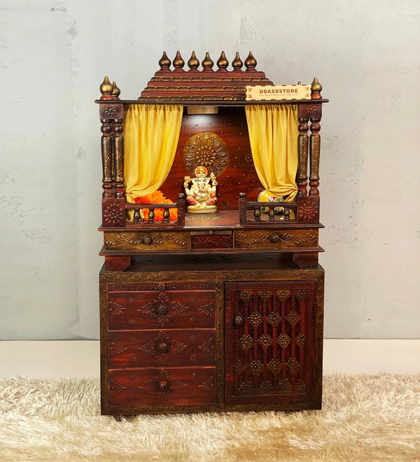Wooden Pooja Temple & Puja Mandap with Cabinet for Home