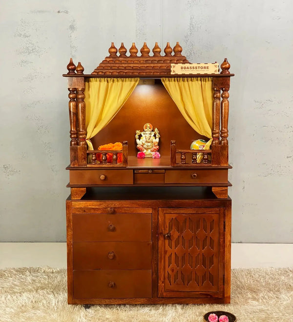 Wooden Pooja Temple & Puja Mandap with Cabinet for Home