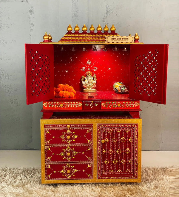 Wooden Pooja Temple & Puja Mandap with Cabinet for Home