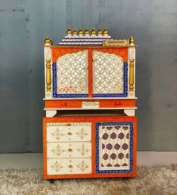 Wooden Pooja Temple & Puja Mandap with Cabinet for Home