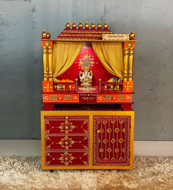 Wooden Pooja Temple & Puja Mandap with Cabinet for Home