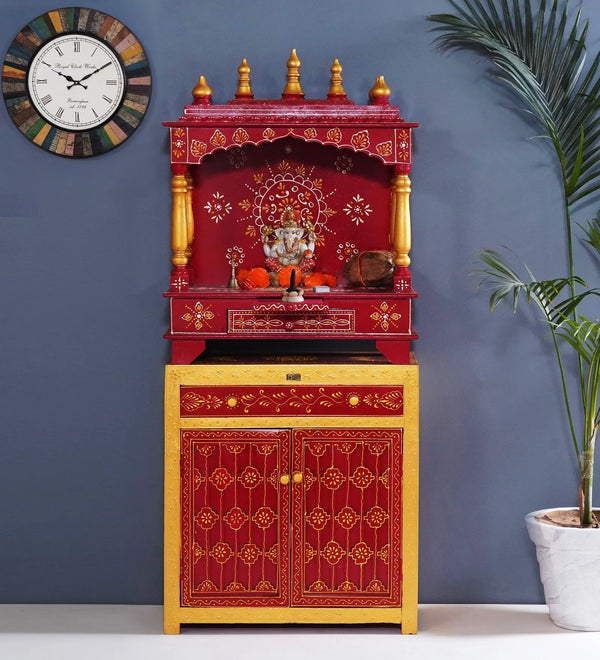 Wooden Pooja Temple & Puja Mandap with Cabinet for Home