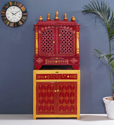Wooden Pooja Temple & Puja Mandap with Cabinet for Home