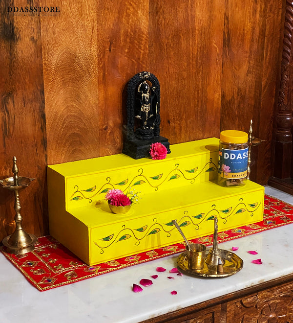 Yellow Handpainted Steps Altar for Wooden Home Temple | GOLU Stand Kolu Padi (Set of 2)