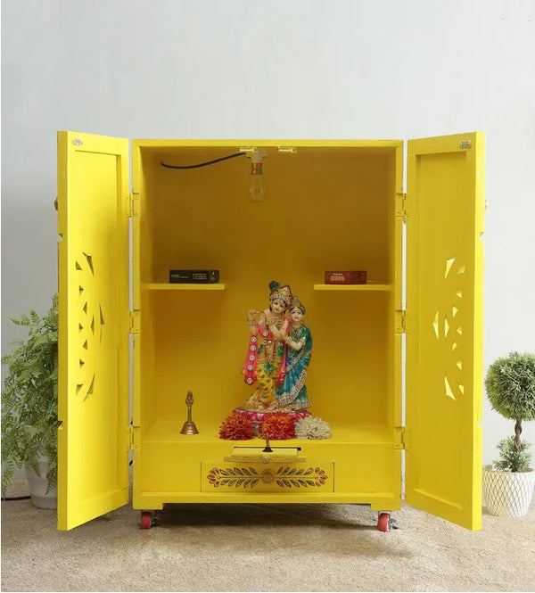Yellow MDF Sheesham Big Wooden Pooja Cabinet With Door For Home & Office