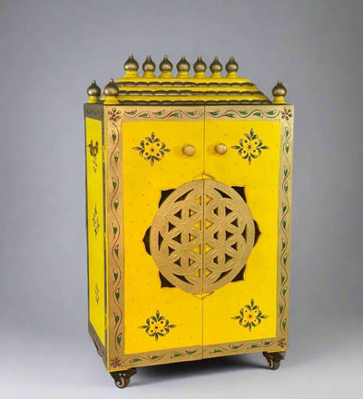 Yellow MDF Sheesham Big Wooden Pooja Cabinet With Gopuram