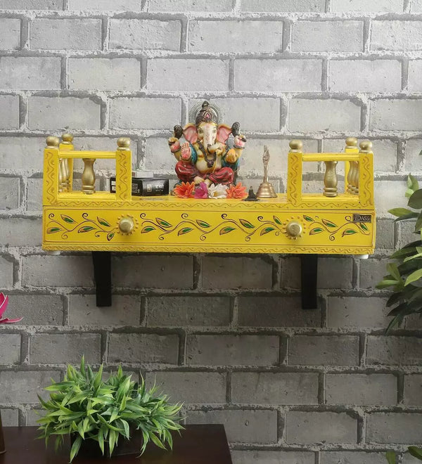 Yellow & Red Wall Hanging Wooden Home Shelf temple for Pooja | Ganesh Chaturthi Special