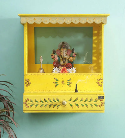Yellow Sheesham MDF Wood Pooja Mandir For Home & Office
