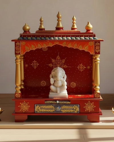 Multi-color Handpainted Sheesham &amp; MDF Wooden Pooja Temple For Home | DDASSWT2412M - D'DASS Store