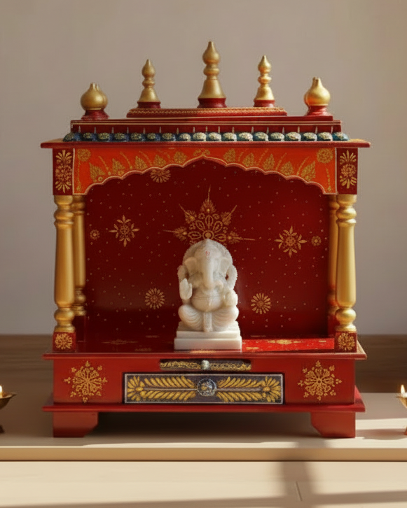 Multi-color Handpainted Sheesham &amp; MDF Wooden Pooja Temple For Home | DDASSWT2412M - D'DASS Store