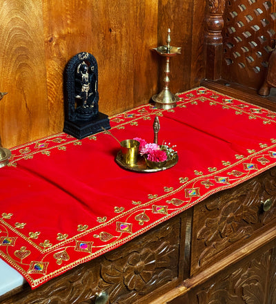 Handmade Red Velvet Puja Aasan | Puja Altar Cloth / Chowki Aasan / Kapda Mat for Puja Table for Puja Home Mandir and Temple