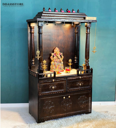 South Indian Style Solid Sheesham Wood Pooja Mandapam with Cabinet