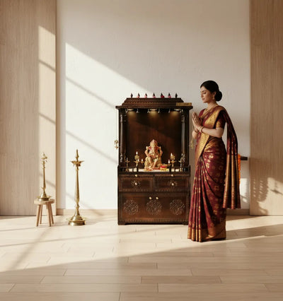 South Indian Style Solid Sheesham Wood Pooja Mandapam with Cabinet - D'DASS Store