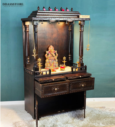 South Indian Style Solid Sheesham Wood Pooja Mandapam with Cabinet