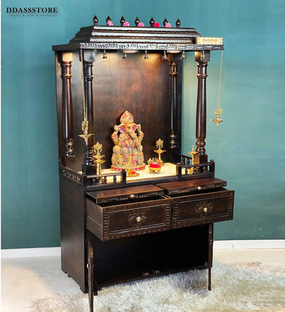 South Indian Style Solid Sheesham Wood Pooja Mandapam with Cabinet - D'DASS Store