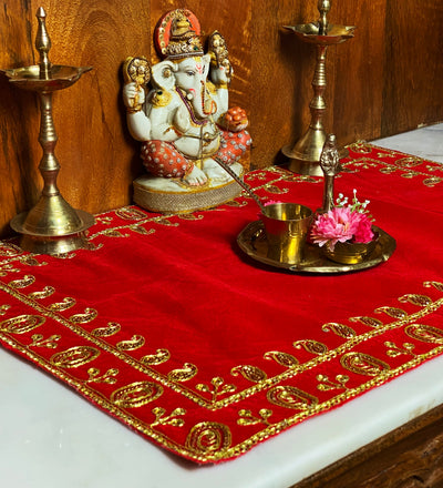 Handmade Red Velvet Puja Aasan | Puja Altar Cloth / Chowki Aasan / Kapda Mat for Puja Table for Puja Home Mandir and Temple