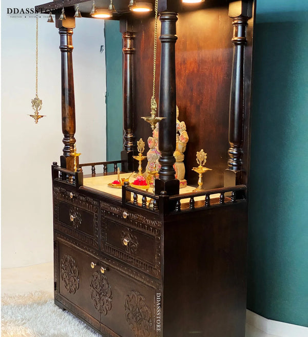 South Indian Style Solid Sheesham Wood Pooja Mandapam with Cabinet - D'DASS Store