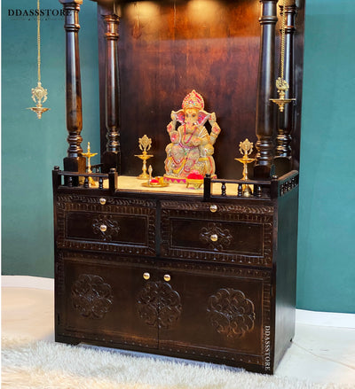 South Indian Style Solid Sheesham Wood Pooja Mandapam with Cabinet