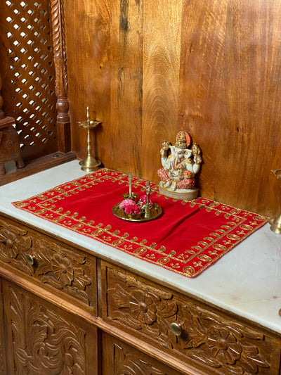 Handmade Red Velvet Puja Aasan | Puja Altar Cloth / Chowki Aasan / Kapda Mat for Puja Table for Puja Home Mandir and Temple