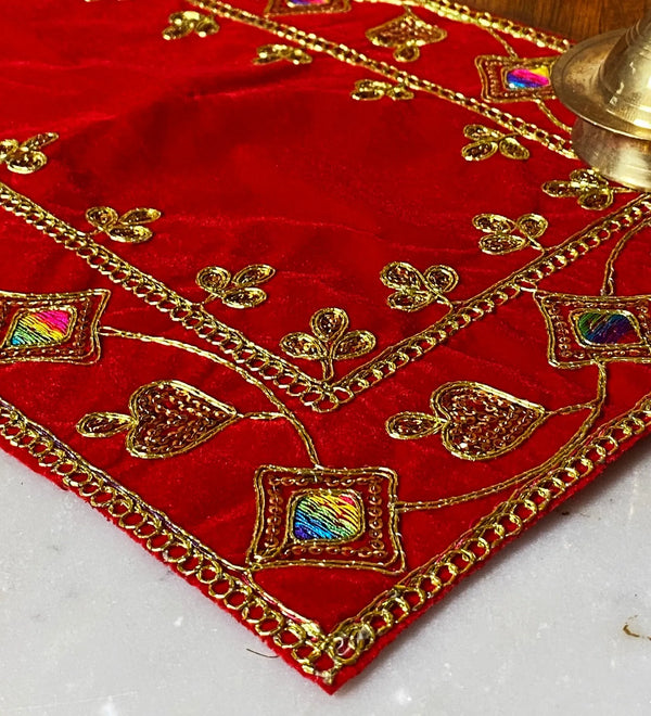 Handmade Red Velvet Puja Aasan | Puja Altar Cloth / Chowki Aasan / Kapda Mat for Puja Table for Puja Home Mandir and Temple - D'DASS Store