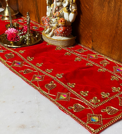 Handmade Red Velvet Puja Aasan | Puja Altar Cloth / Chowki Aasan / Kapda Mat for Puja Table for Puja Home Mandir and Temple