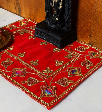 Handmade Red Velvet Puja Aasan | Puja Altar Cloth / Chowki Aasan / Kapda Mat for Puja Table for Puja Home Mandir and Temple - D'DASS Store
