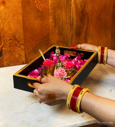 Floral Wooden Pooja Tray & Thali for Home Temple