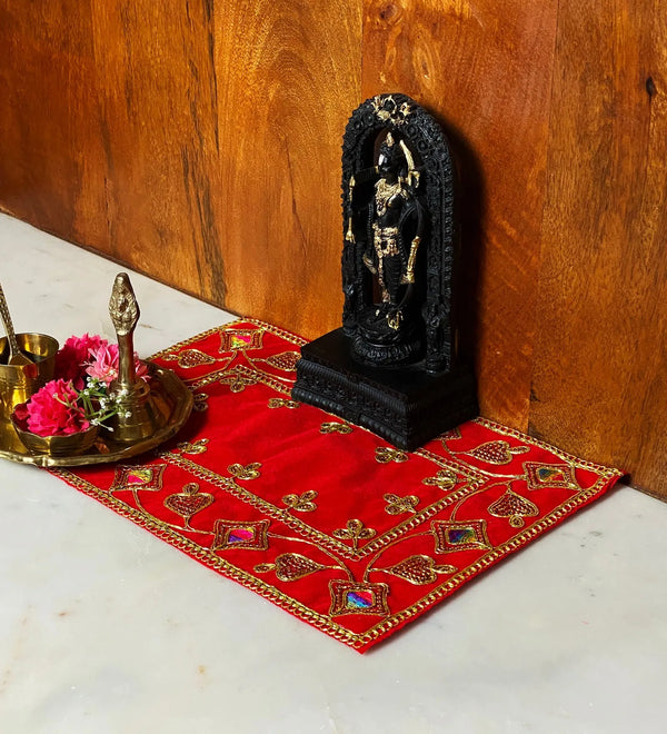 Handmade Red Velvet Puja Aasan | Puja Altar Cloth / Chowki Aasan / Kapda Mat for Puja Table for Puja Home Mandir and Temple - D'DASS Store