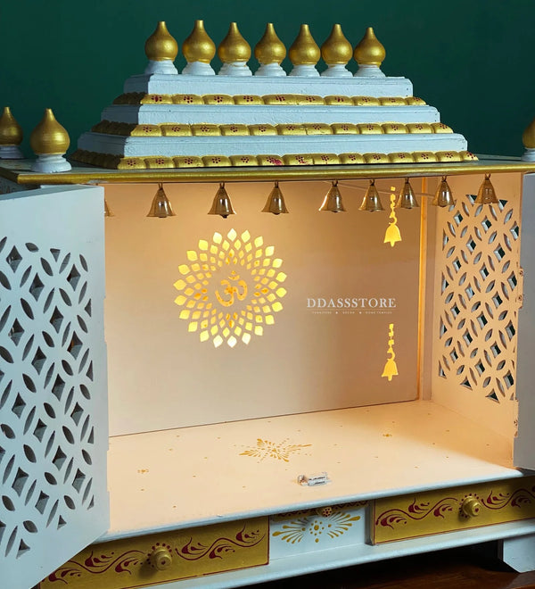 Solid Sheesham MDF White Wood Pooja Temple for Home | DDASSWT3211RGD - D'DASS Store